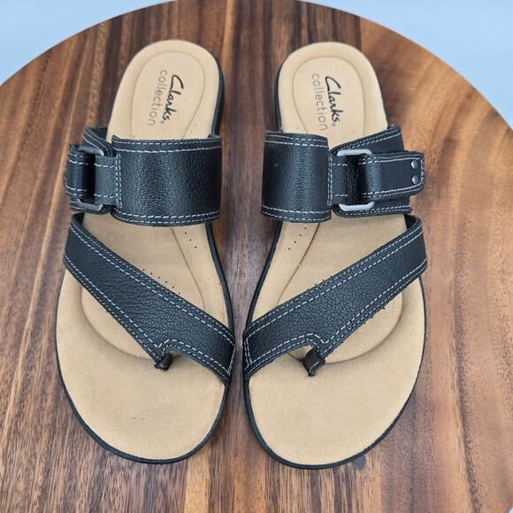 Clarks Sandals Women's 7 M Black Leather Thong Slip On Comfort Toe Loop Strap - Picture 5 of 7